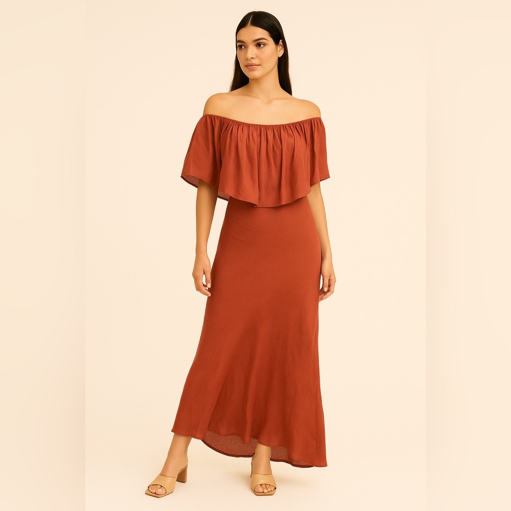 Hot girl Summer⁉️ZARA Rust Red Off-Shoulder Bias-Cut Dress